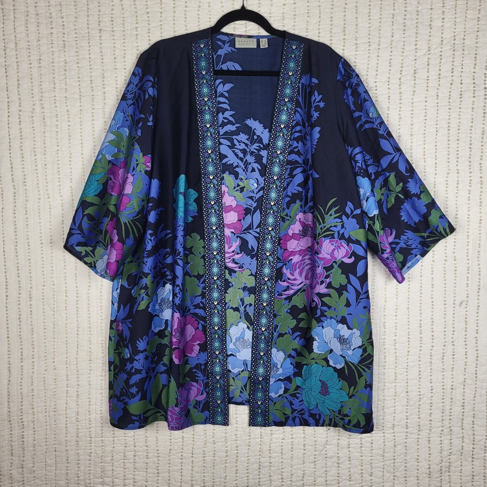 Susan Graver Kimono Women 1X Blue Floral Open Front Cardigan Boho Lightweight